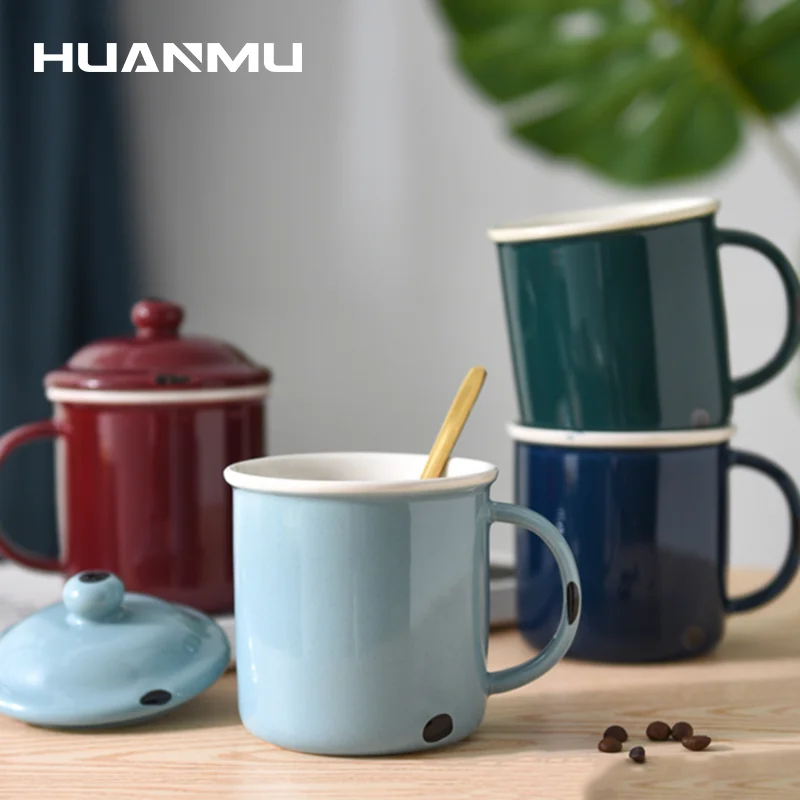 Кружка с имитацией эмали бытовая керамическая кружка крышкой и ложкой Офисная