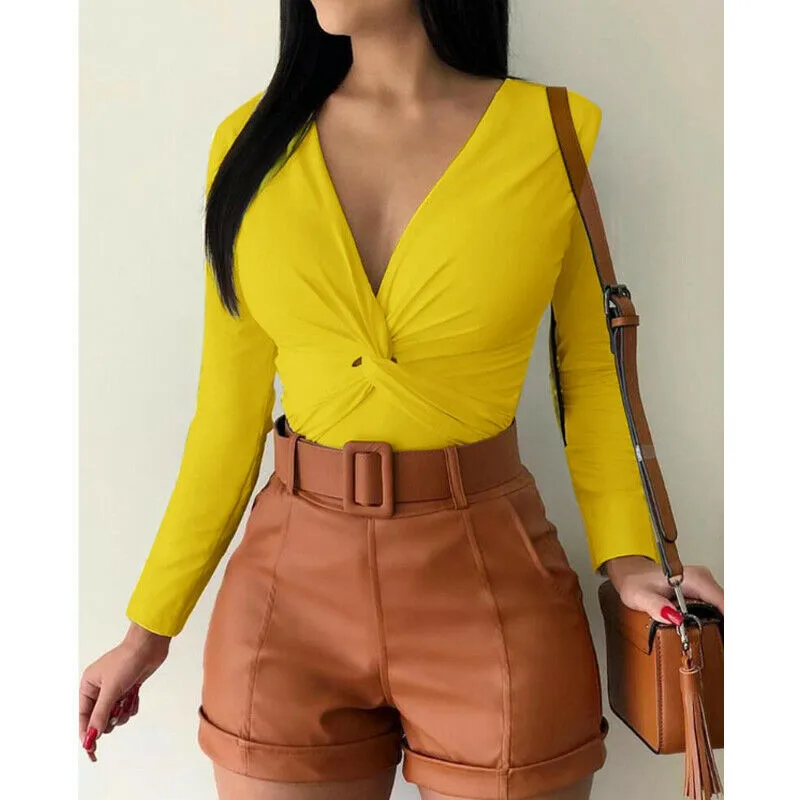 

2019 Autumn Women Slim Fit T-shirt Long Sleeve T shirt Cross V-neck T Shirt Fashion Female Sexy Long Sleeve Pure Color T-shirts