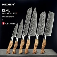 hezhen 6pc knife set damascus steel chef bread utility santoku cook knife 10cr15comov core steel professional kitchen tool