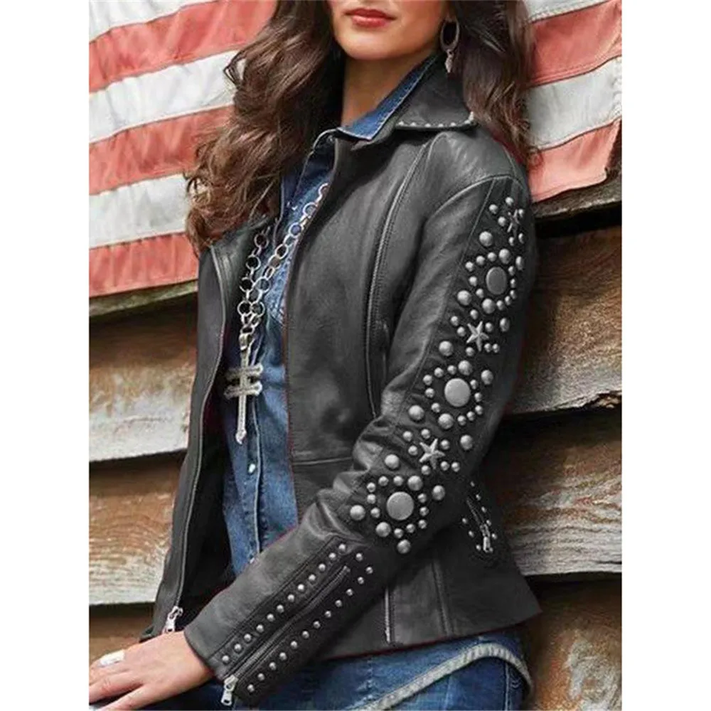 

Womens Jacket Solid Color Turn Down Collar Zipper Diamonds Slim Fashion Autumn Coat Plus Size Clothing