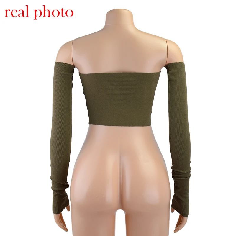 

Women's Sexy Off-shoulder Green Knitted Crop Top with Sleeves Halter Back Wrapped Chest Vest Short Feminino Slim Top Streetwear