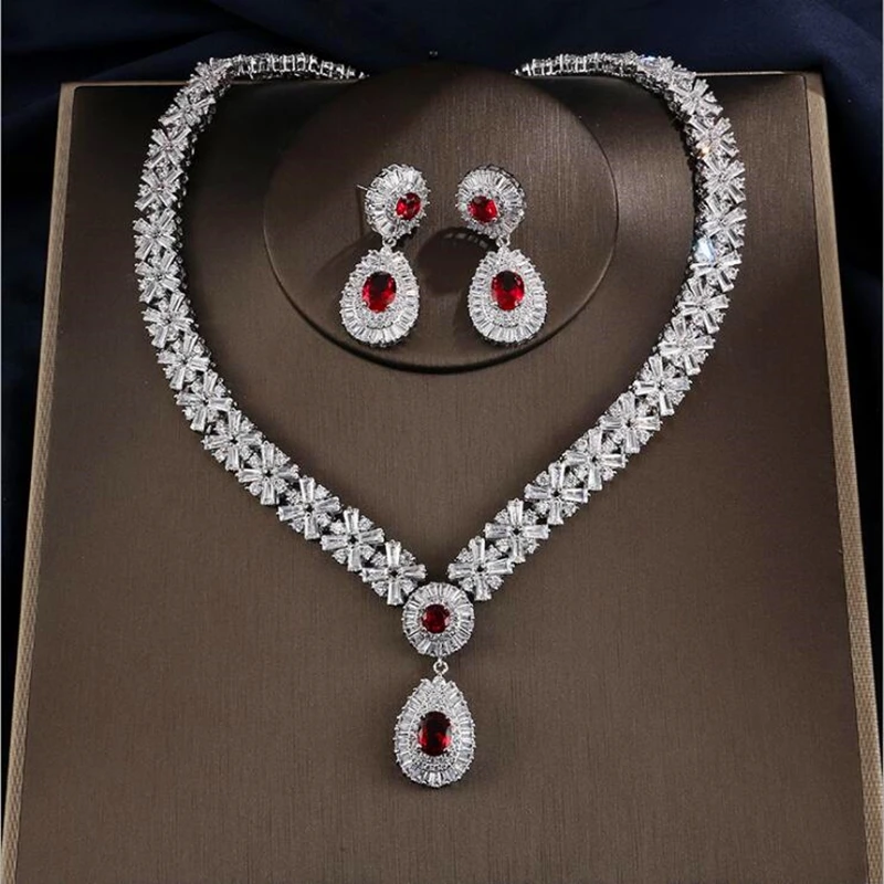 

Bride drop zirconia necklace set female jewelry set prong setting zircon crystal wedding jewelry set earrings