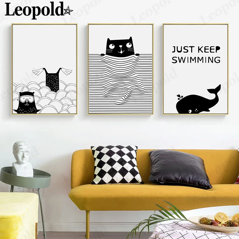 

Abstract Cartoon Animal Canvas Poster Black and White Line Cat Whale Painting Wall Art Picture Print Home Room Decoration