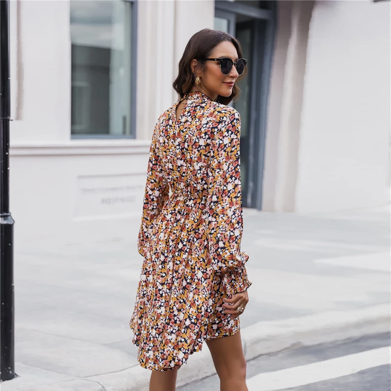 

Spring Autumn Full Sleeve Print Dress Women Casual Ruffles High Waist o Neck Floral Above Knee Dress for Women 2021 New Fashion