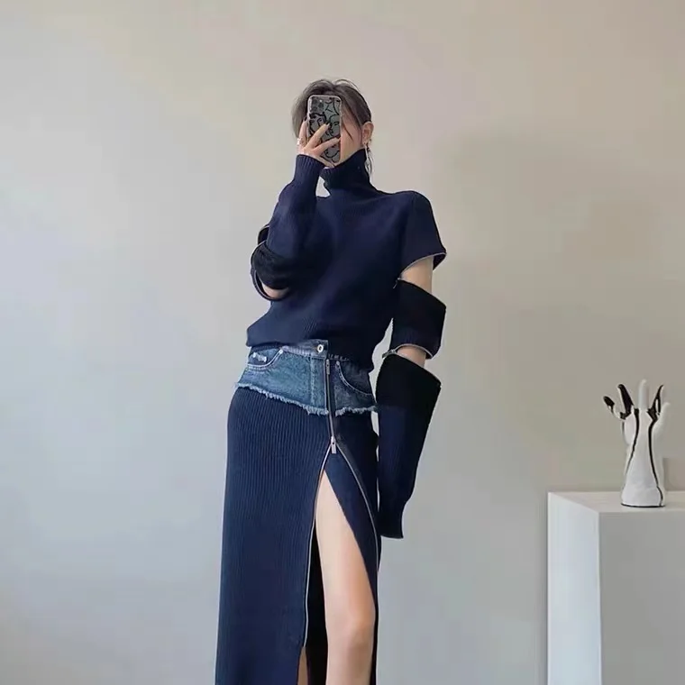 

SuperAen модный джинсовый костюм юбка женская осень 2021 новый вязаный комплект из двух предметов