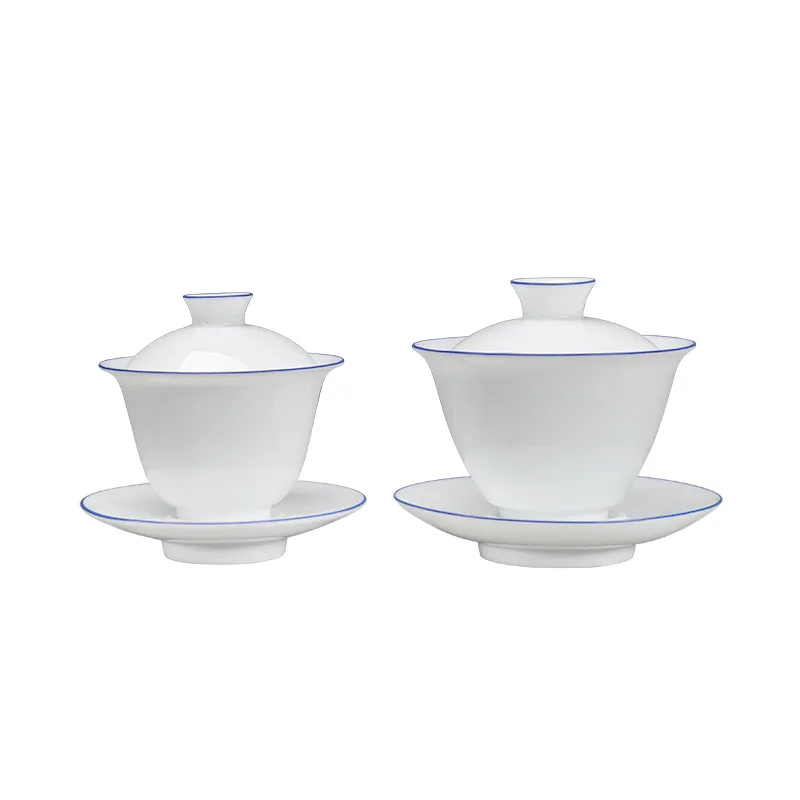 

Whiteware Cover Bowl Hand-Painted Jade Mud Blue Mouth Tea Bowl High White Three-Force Bowl Thin Tire Gaiwan Gift for Boyfriend