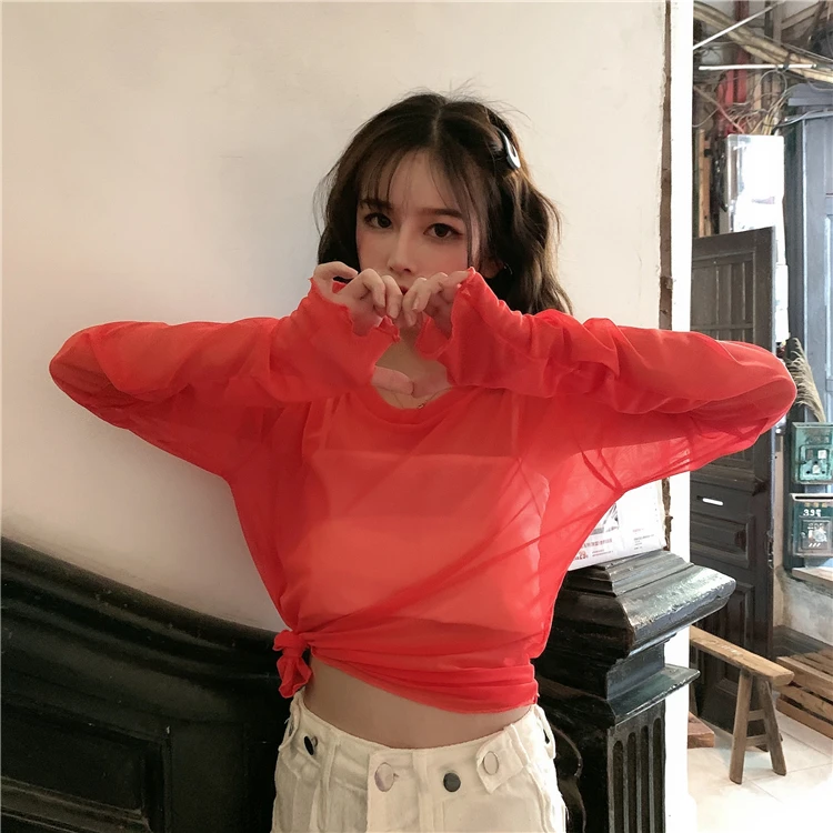 

Mesh Long Sleeve T-shirts Women's Clothing Korean O-neck Causal Tees Loose Solid Ladies Tops Spring Summer New Ins Hipster 2021