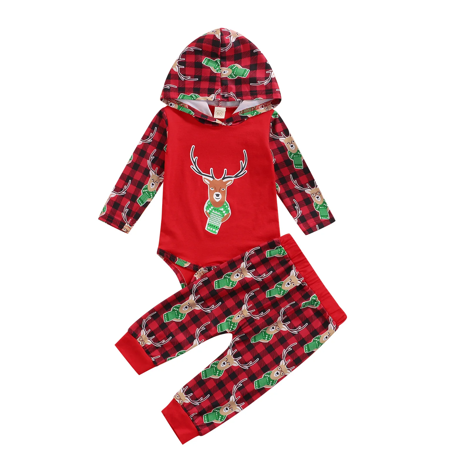 

Two Piece Baby’s Clothes Christmas Elk Plaid Print Long Sleeve Hooded Romper and Long Pants