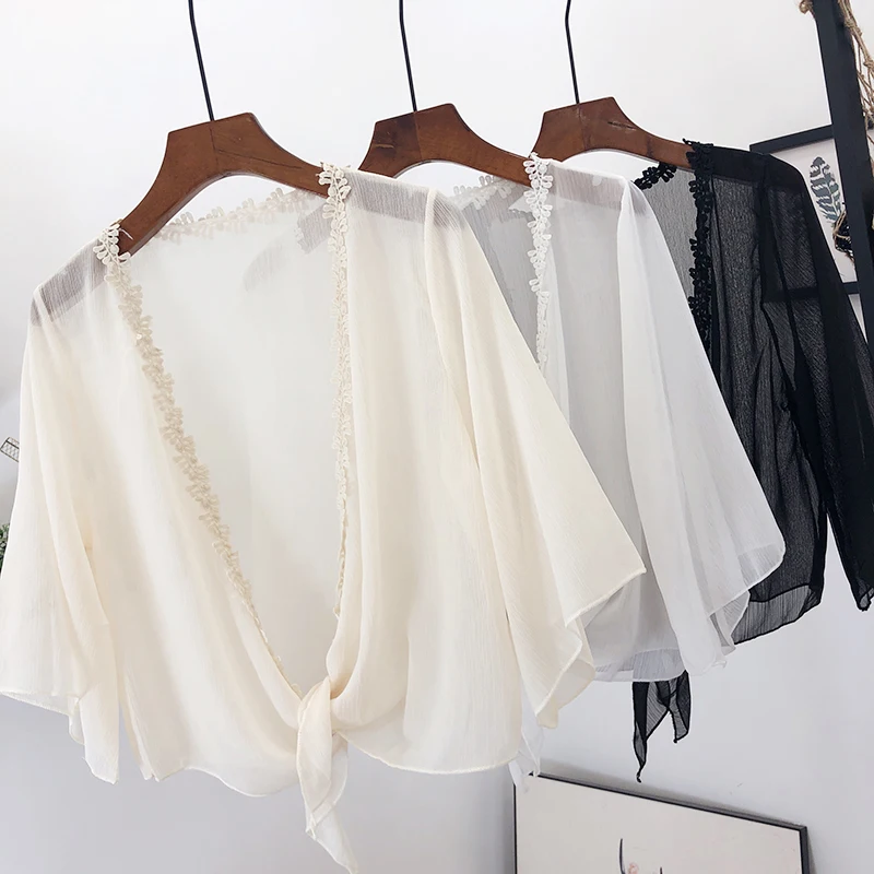 GLAUKE летний кардиган с крючком и кружевами однотонная шифоновая рубашка для