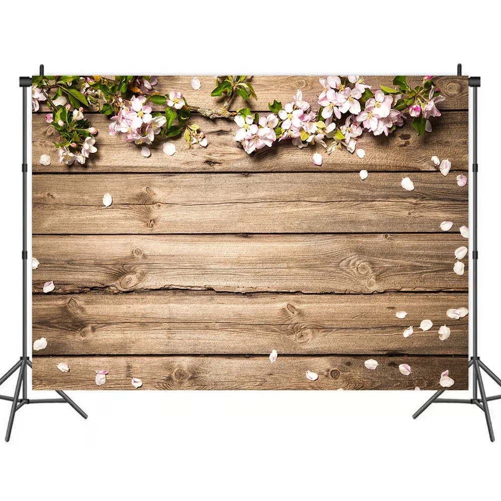 

Peach Blossom Petals on Brown Wooden Board Backdrops Photo Background House Decors for Baby Shower Portrait Photography Props