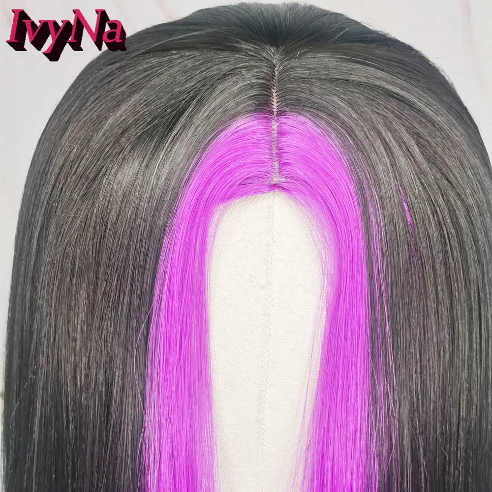 

IvyNa Long Purple Highlights Black Ombre Synthetic Hair Machine Made Wigs For Women Purple Cosplay Wigs Middle Part No Lace Wig