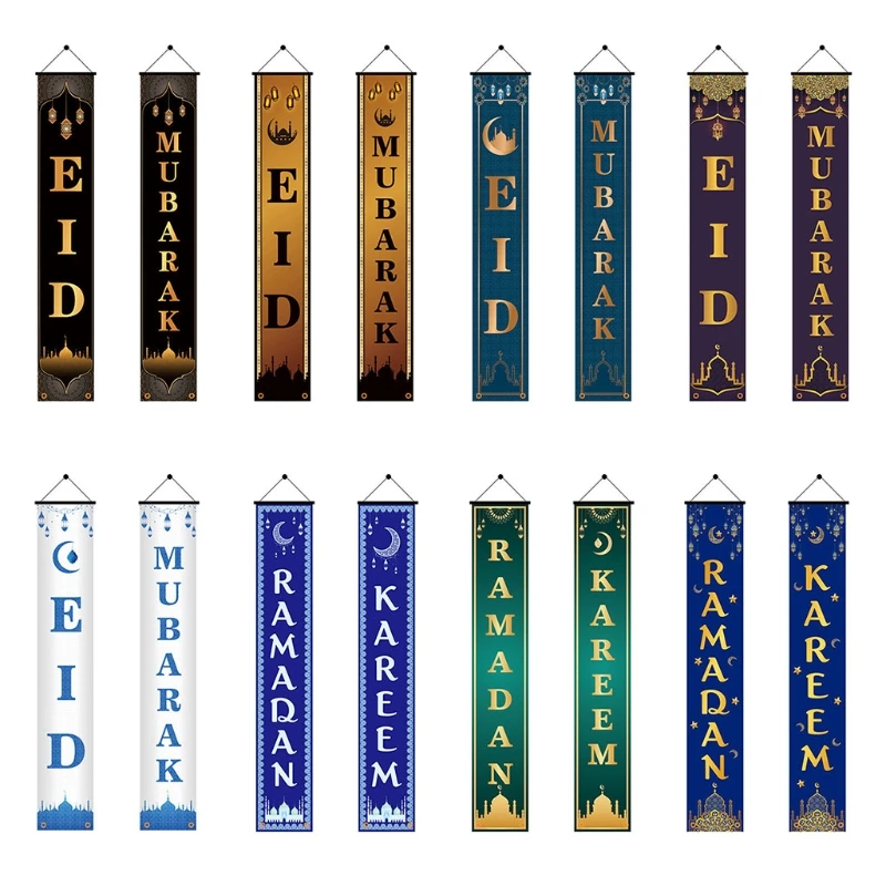 

2Pcs Eid Mubarak Porch Banner Ramadan Kareem Front Door Flag Hanging Sign Decor H3CF