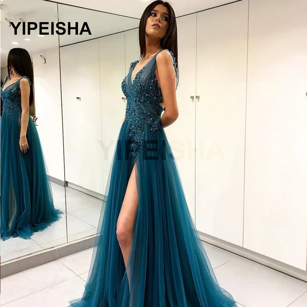 

2021 Teal Evening Dresses A-Line Appliques Beaded Backless Tulle Slit Party Maxys Long Prom Gown Evening Dresses Robe De Soiree