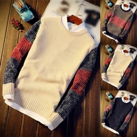 oversize men fashion solid pullover round neck color matching knit long sleeve loose warm knitted sweater tops 2xl