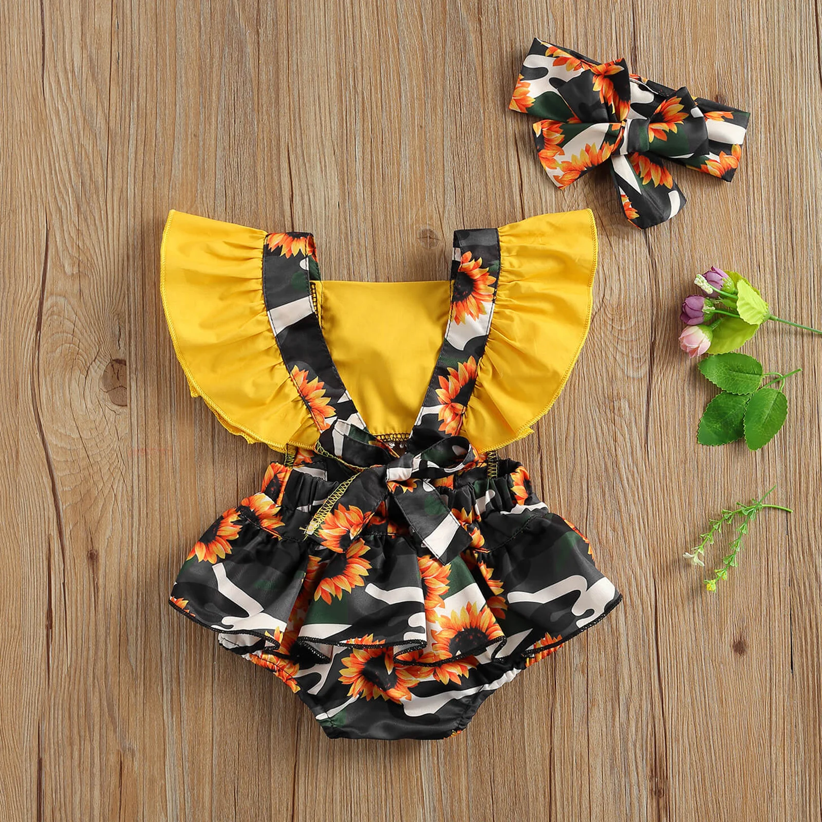 

0-24M Newborn Baby Girls Bodysuits Sunflowers Print Ruffles Short Sleeve Backless Jumpsuits Headband