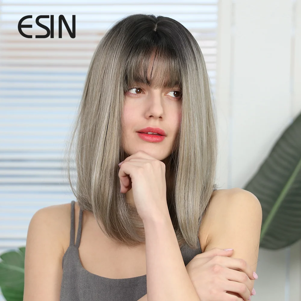 ESIN длинный прямой светлый синтетический парик с эффектом омбре челкой