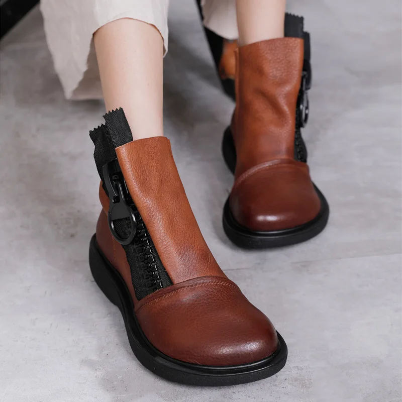 

Original New Platform Women Boots Genuine Leather Boots Female Big Zip Round Toe Flat Shoes Handmade Ankle Boots Autumn/Winter