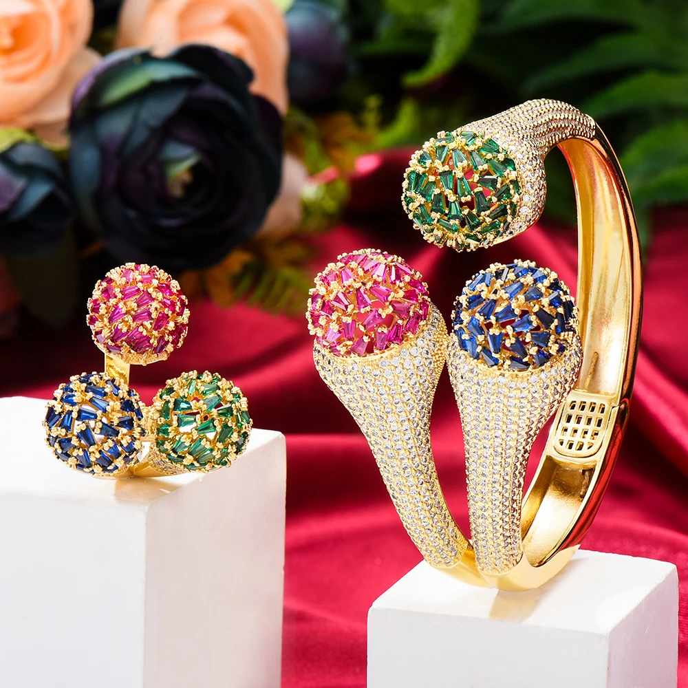 GODKI Luxury Trendy Round Bangle Ring Set For Women Full Micro Cubic Zircon Pave Party Wedding Saudi Arabic Dubai Jewelry 2021