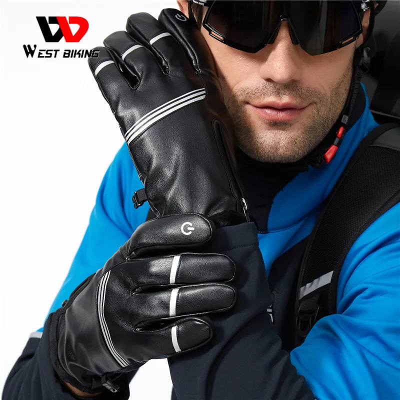 

WEST BIKING Winter Cycling Gloves PU Leather Thermal Fleece Touch Screen Outdoor Sport Skiing Climbing Motorcycle Bicycle Gloves