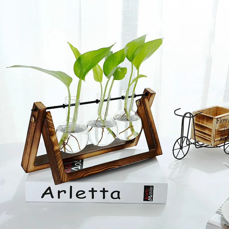 Прозрачная ваза для гидропонных растений креативная декоративная с деревянной