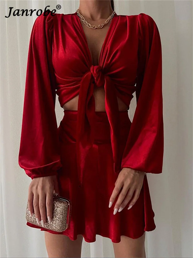 

Женское модное платье Janrobe, комплект из 2 предметов, весна 2022, бандажные укороченные топы с длинным рукавом, сексуальный костюм с мини-юбкой, ...