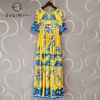 seqinyy yellow long dress summer spring new fashion design women runway vintage flowers print a line elegant