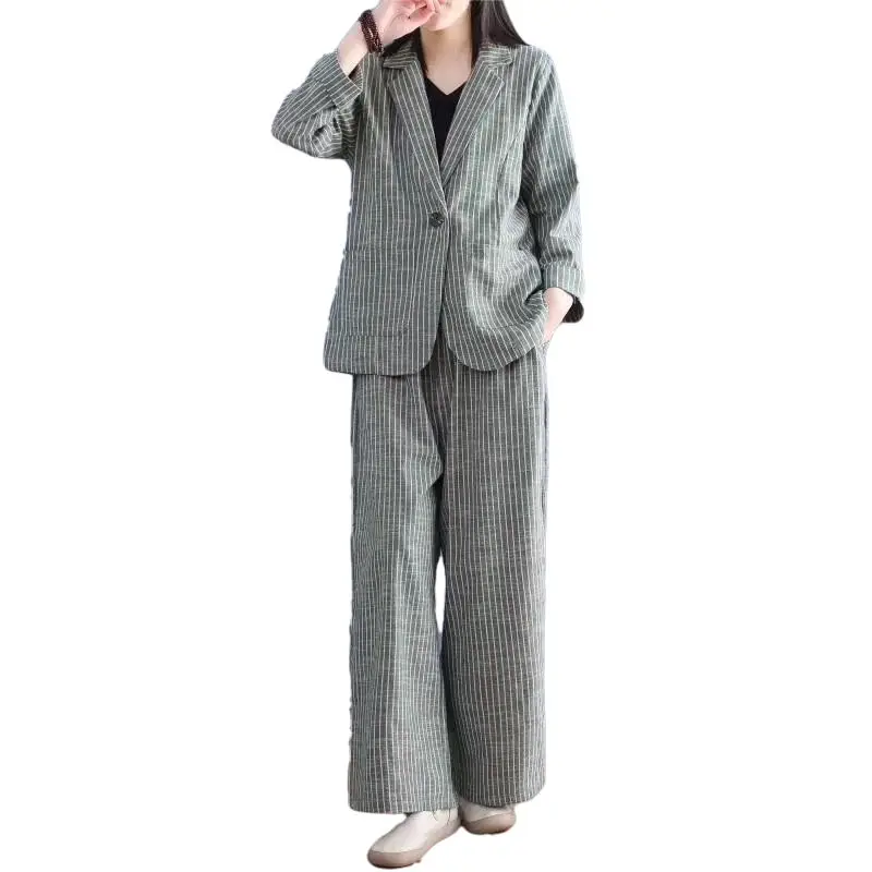 Повседневный Ретро-костюм в полоску Женский хлопковый и льняной Блейзер брюки