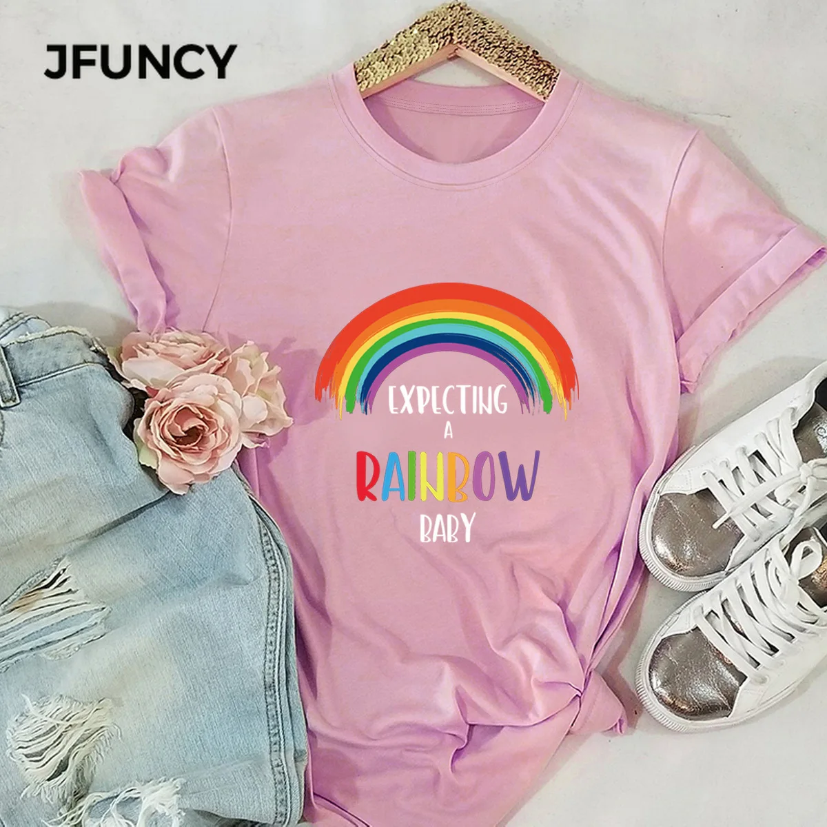 JFUNCY  Short Sleeve Woman Tshirts Rainbow Letter Print T Shirt Women Casual Loose T-shirt Summer Tees 100% Cotton Tops