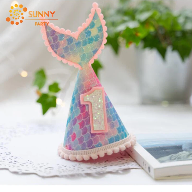 Child Colorful Mermaid Tail Party Hat Glitter Fish Scale Birthday Caps Princess Crown Hats Baby 1st Decoration Supplies | Дом и сад