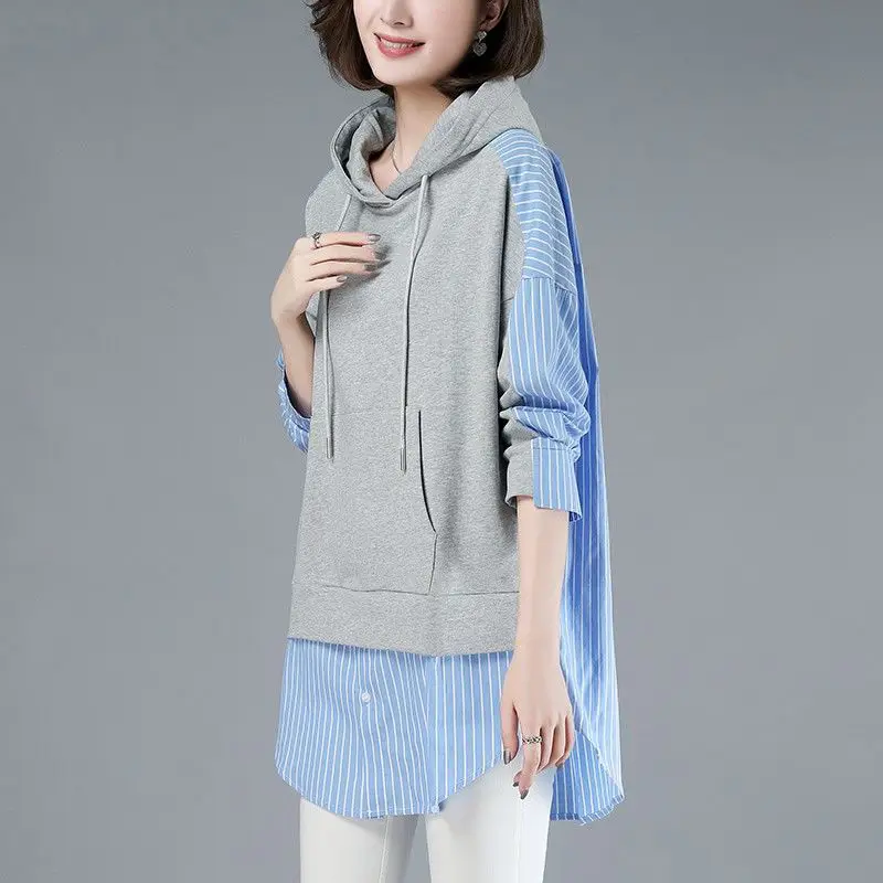 

New Women Patchwork Striped Long Sleeve Hoodies Casual Fashion Sweatshirt Female Loose Elegant Fake Two Piece Pullovers E285