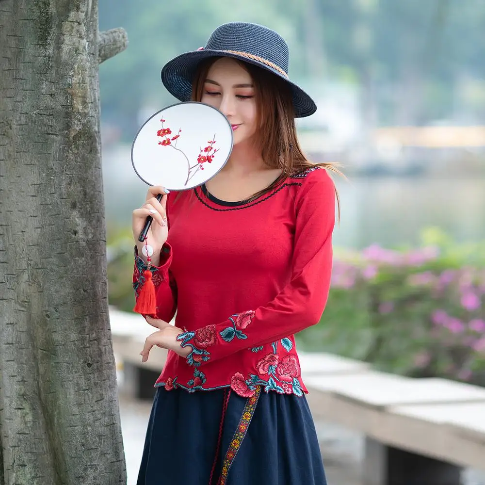 Женская хлопковая блузка с длинным рукавом KYQIAO элегантная традиционная