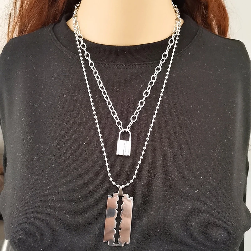 

European and American jewelry, personality punk with lock, trendy blade necklace, simple retro multi-layer lock-shaped necklace