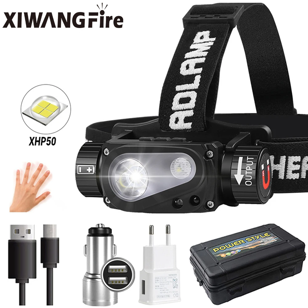 Светодиодный налобный фонарь XHP50 с датчиком на голову аккумулятором 18650 уличный 10