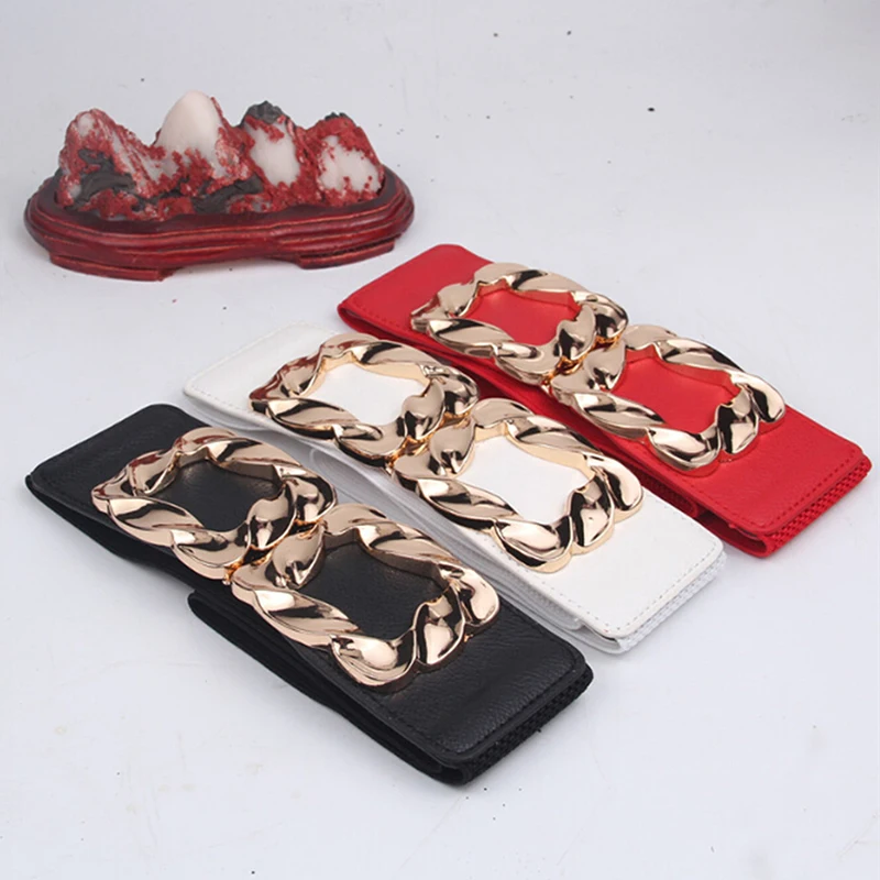 

Ремень женский эластичный, из металлического сплава, с квадратной пряжкой