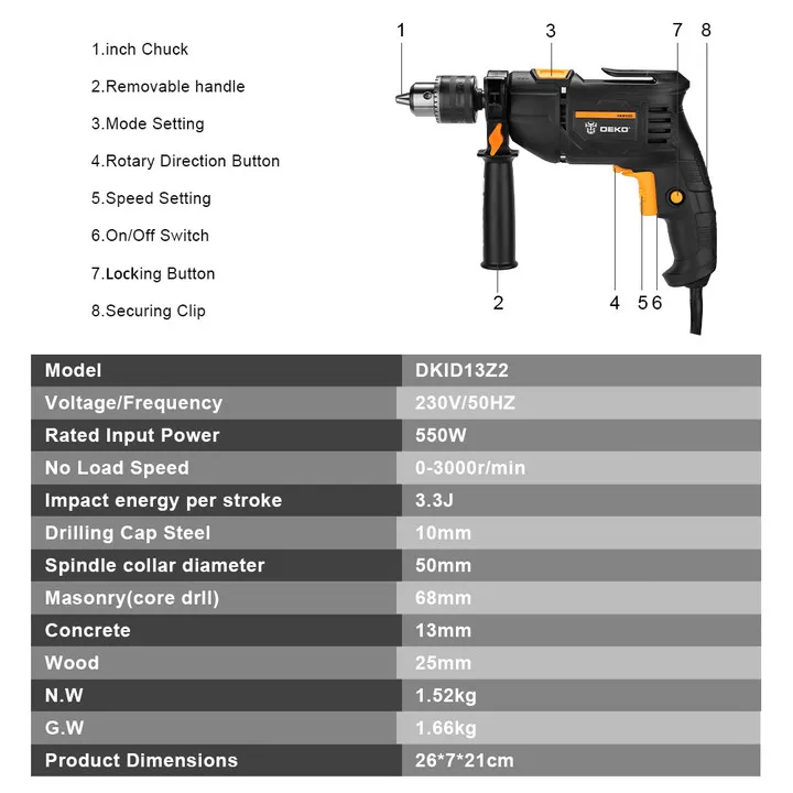 DEKO-destornillador eléctrico de 220V, taladro de martillo rotativo eléctrico de 2 funciones, Herramientas Eléctricas (serie DKIDZ)