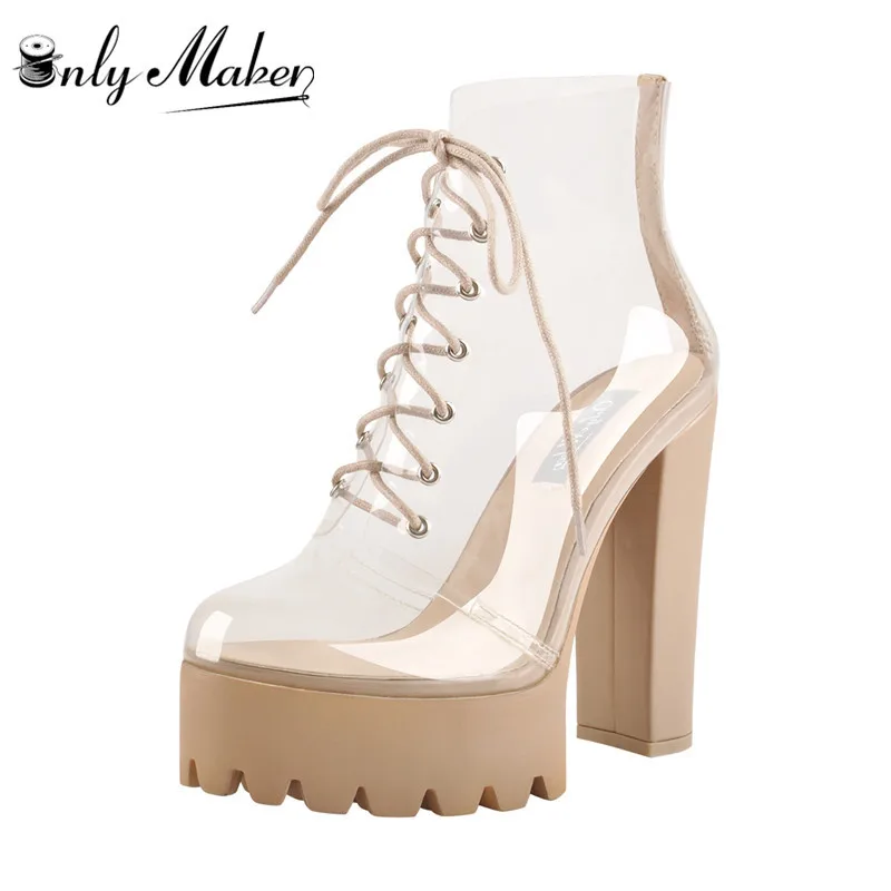 

Onlymaker Women's Fashion Ankle Summer Block Boots Clear Lace Up Platform Chunky Heel PVC Sandal Booties Plus Size