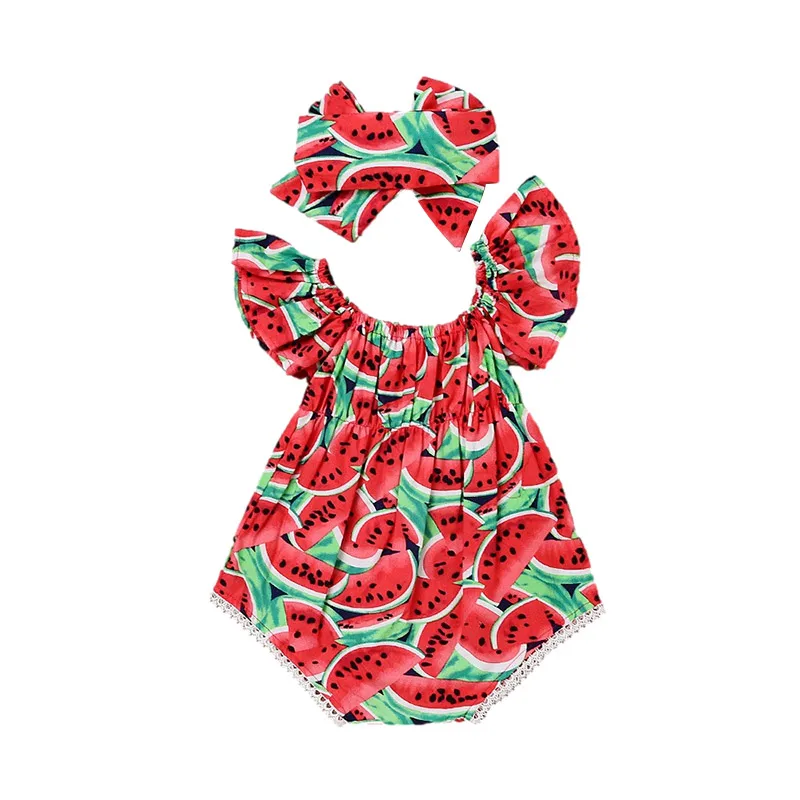 

Newborn Clothes Baby Girl Romper With Big Bow Headband Fashion Print Toddler Girl Summer Baby Onesie Infant Jumpsuit 9-24M