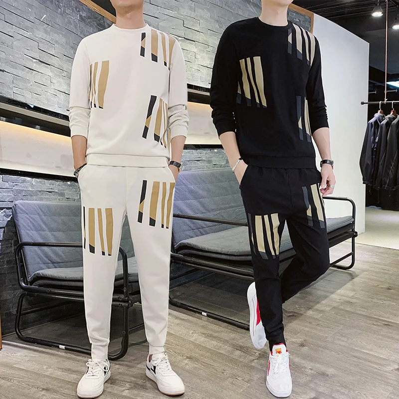 

2 Pcs new printing men's autumn fashion round neck sportswear couple casual jogging long-sleeved sweater hoodie male Top + pants