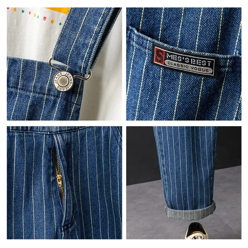 Men Harajuku Denim Trouser Braces Suspender Mens Regular Fit Blue Stripe Jeans Hip Hop Cargo Bib Overalls Loose Jumpsuit