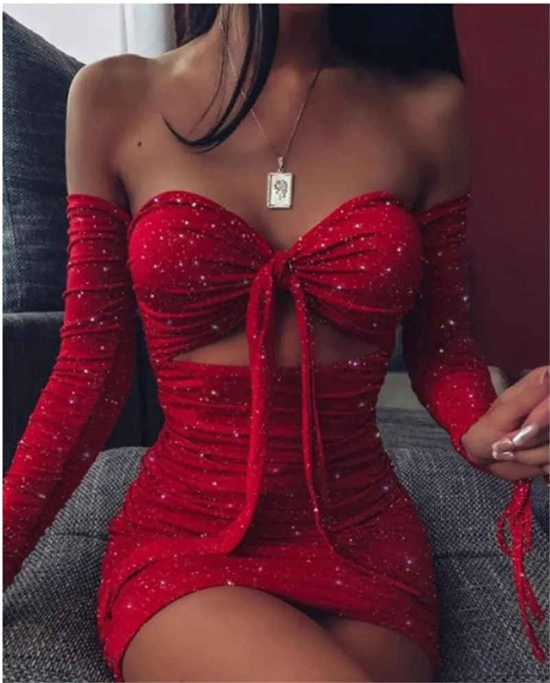 

Spring Autumn Women Red Bling Shiny Dress Sexy Tube Top Low Collar Lace Up Hallow Out Sleeves Solid Slim Long Fashion Dresses