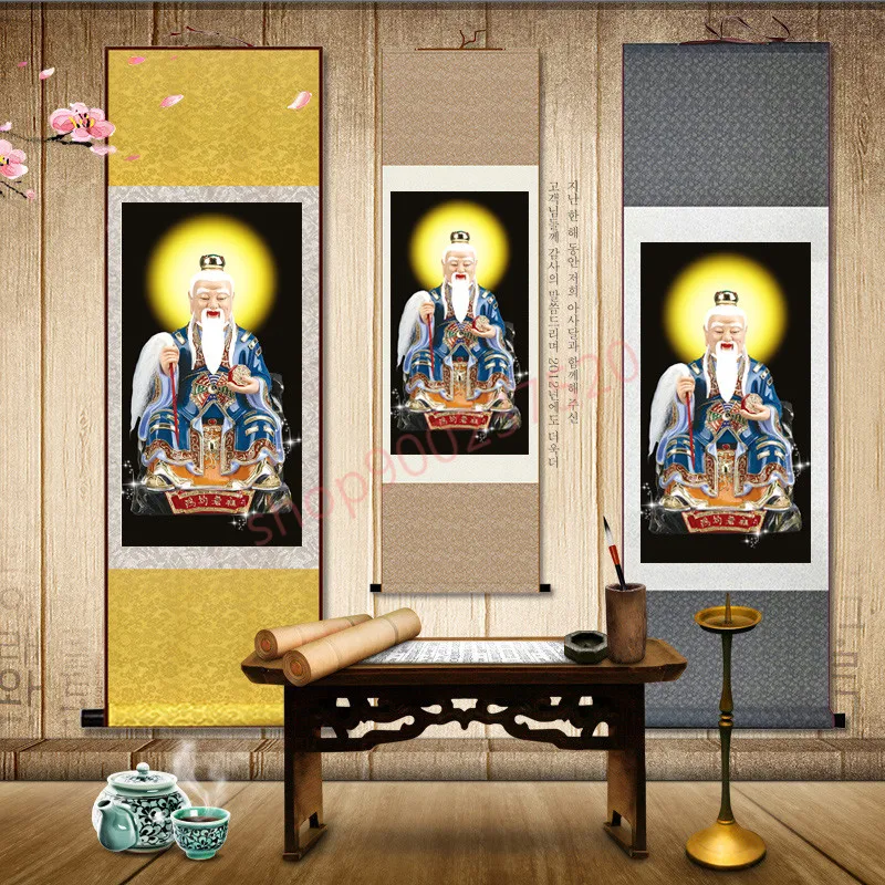 

(На заказ) Портрет основателя санцин, лорд Лао-цзы и небесного существа yuanshi, шелковая декоративная живопись