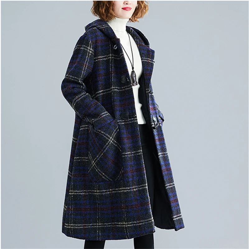 Женское длинное шерстяное пальто толстое Свободное в клетку с капюшоном принтом