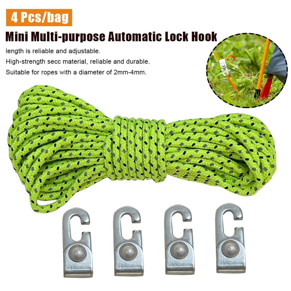 

Automatic Lock Hook Self-locking Free Knot Easy Tighten Rope Kit For Camping Tent Accessories 4pcs Hooks With 1pc 6m Rope New