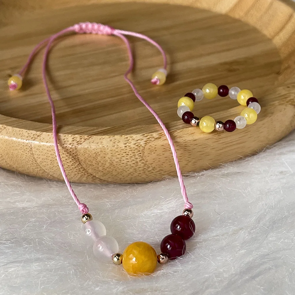 

Girl Jewelry Set Handmade Women Aesthetic Carnelian Beads Rings Yellow Agate Natural Stones Rope Necklace Gifts Girlfriend