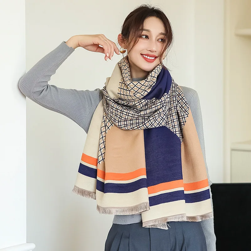 

2021 Elegant Bufanda Women Scarves and Shawls Double-sided Imitation Cashmere Scarf Thick Blanket Pashmina Neckerchief Foulard