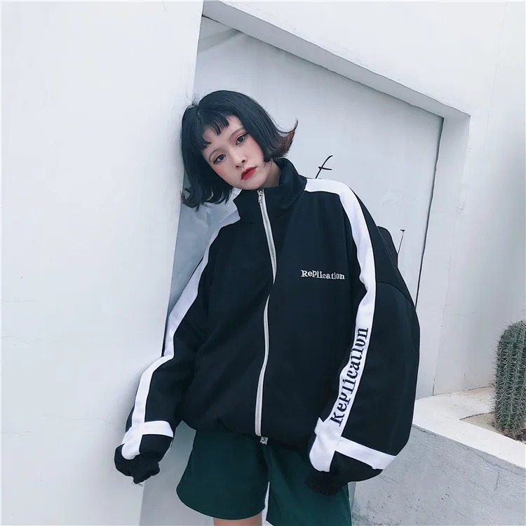 Черный Хип-хоп Женская ветровка Harajuku Осенняя Повседневная винтажная уличная свободная спортивная куртка с капюшоном пальто уличная одежда в стиле хип-хоп - Цвет: Черный