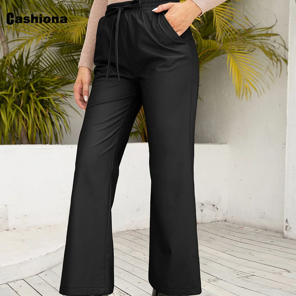 Women Faux Pu Leather Pants Black Khaki Casual Drawstring Trousers Women's Bottom Solid Loose Pantalon Female Ankle-Length Pants