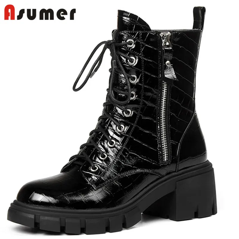 

Asumer Hot Sale Patent Leather Ankle Boots For Women Thick Heel Casual Shoes Zip Lace Up Autumn Winter Motorcycle Boots Women