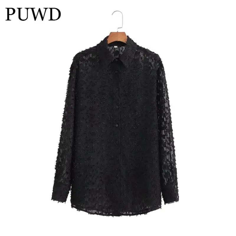 

PUWD Sweet Women Turn-down Collar Blouse 2021 Spring-autumn Fashion Ladies Vintage Shirt Female Solid Color Cut Floral Shirt Top