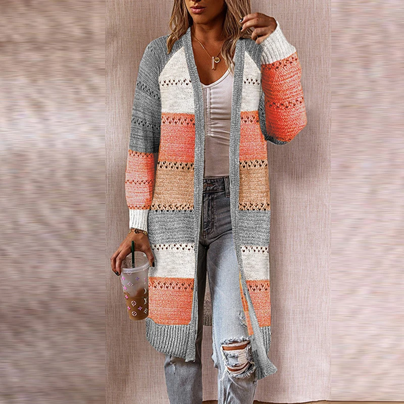 

Женский вязаный кардиган, элегантный свободный длинный кардиган составного кроя с вырезами, Повседневный свитер для весны и осени, 2022